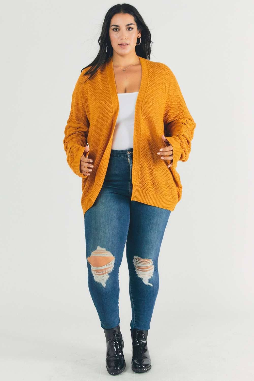MUSTARD PLUS SOLID LONG SLEEVE LOOSE FIT CARDIGAN