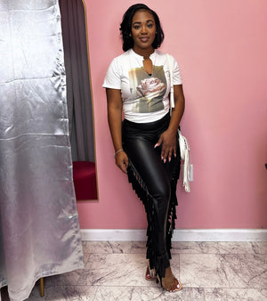 Faux Leather Fringe Side Leggings