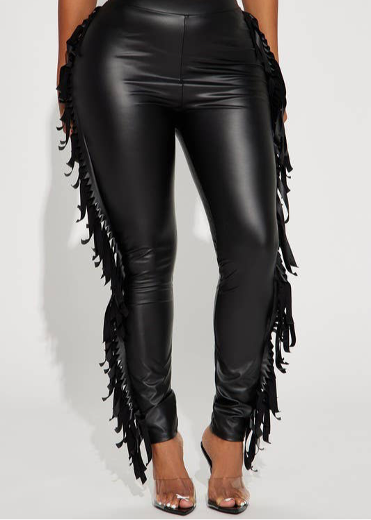 Faux Leather Fringe Side Leggings