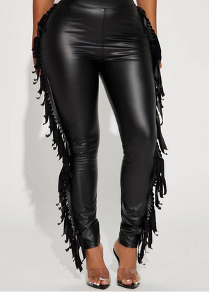 Faux Leather Fringe Side Leggings