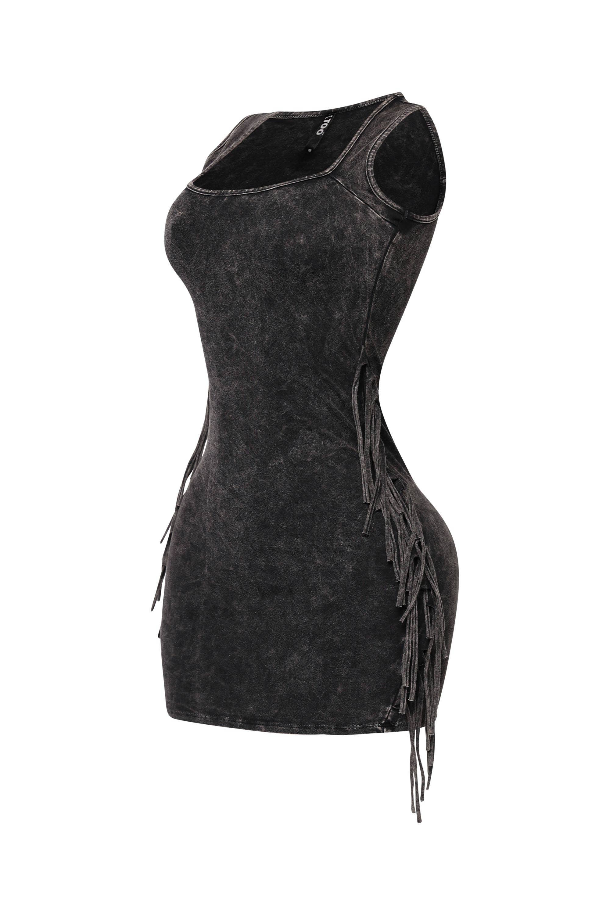 Mineral Washed Fringe Mini Dress