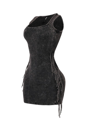 Mineral Washed Fringe Mini Dress