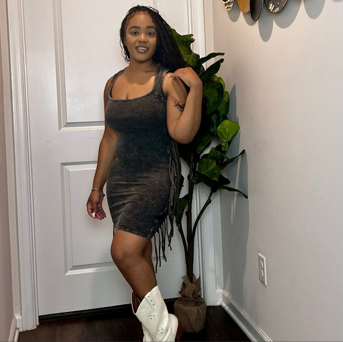 Mineral Washed Fringe Mini Dress