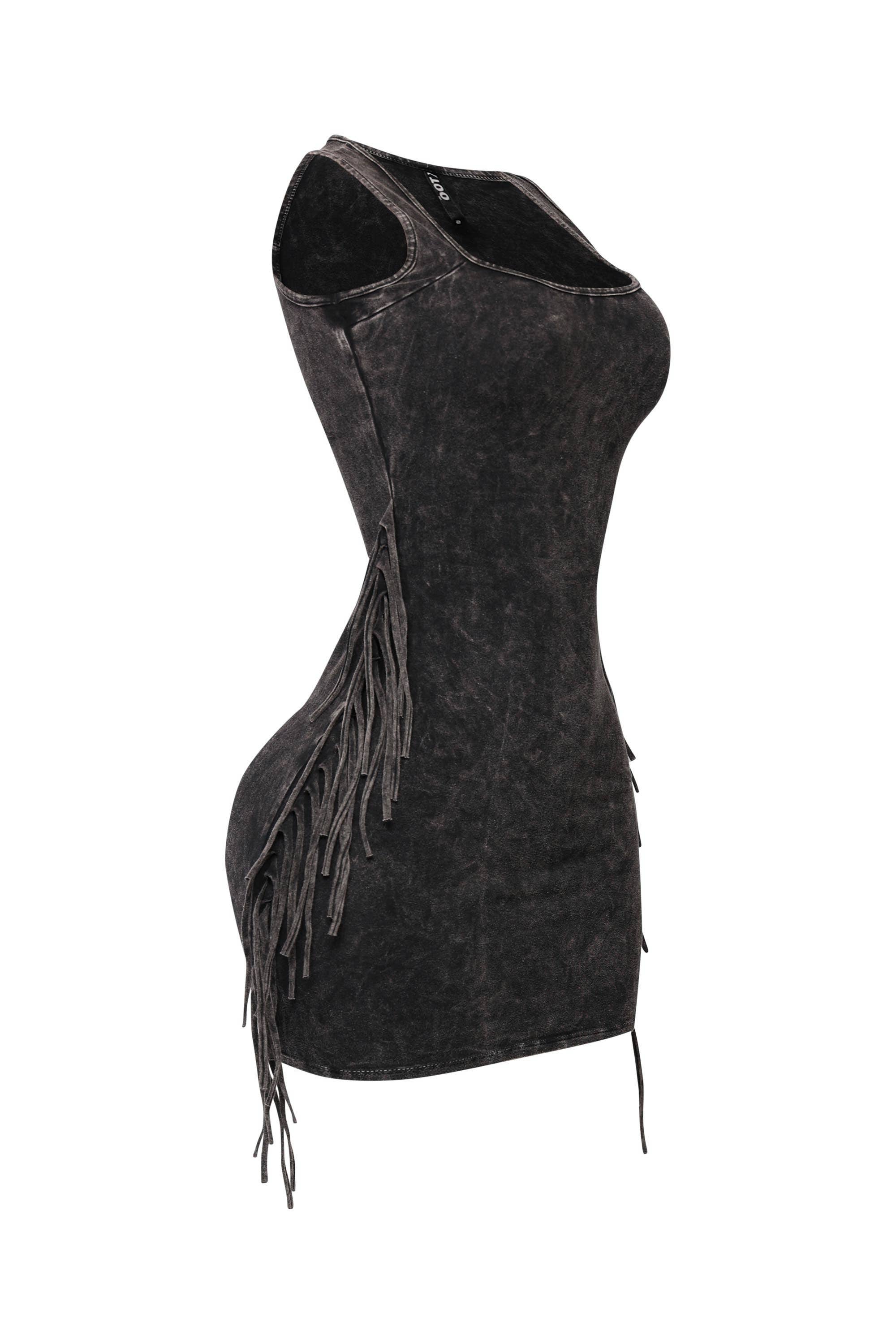 Mineral Washed Fringe Mini Dress