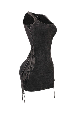 Mineral Washed Fringe Mini Dress