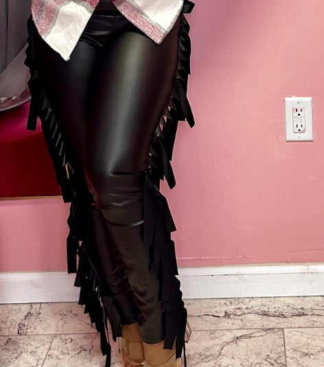 Faux Leather Fringe Side Leggings