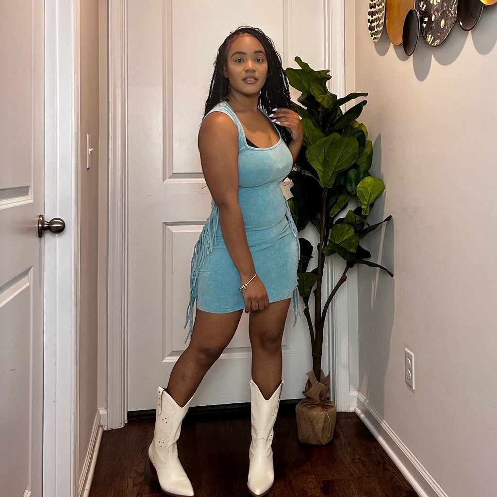 Mineral Washed Fringe Mini Dress