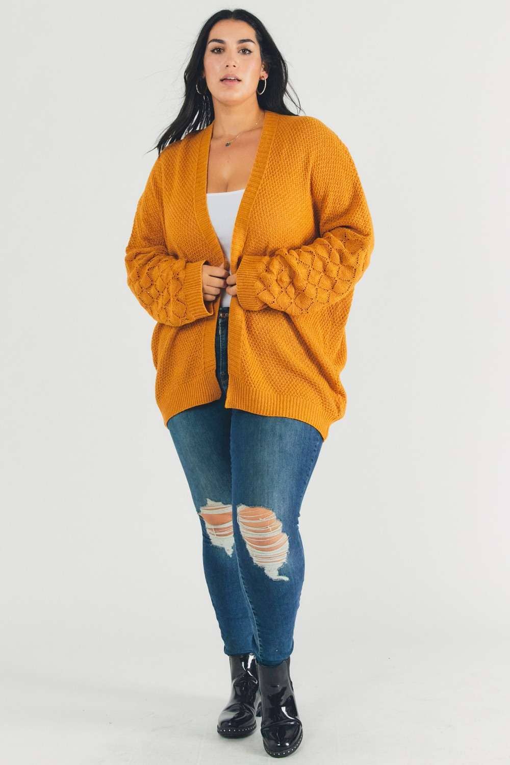 MUSTARD PLUS SOLID LONG SLEEVE LOOSE FIT CARDIGAN