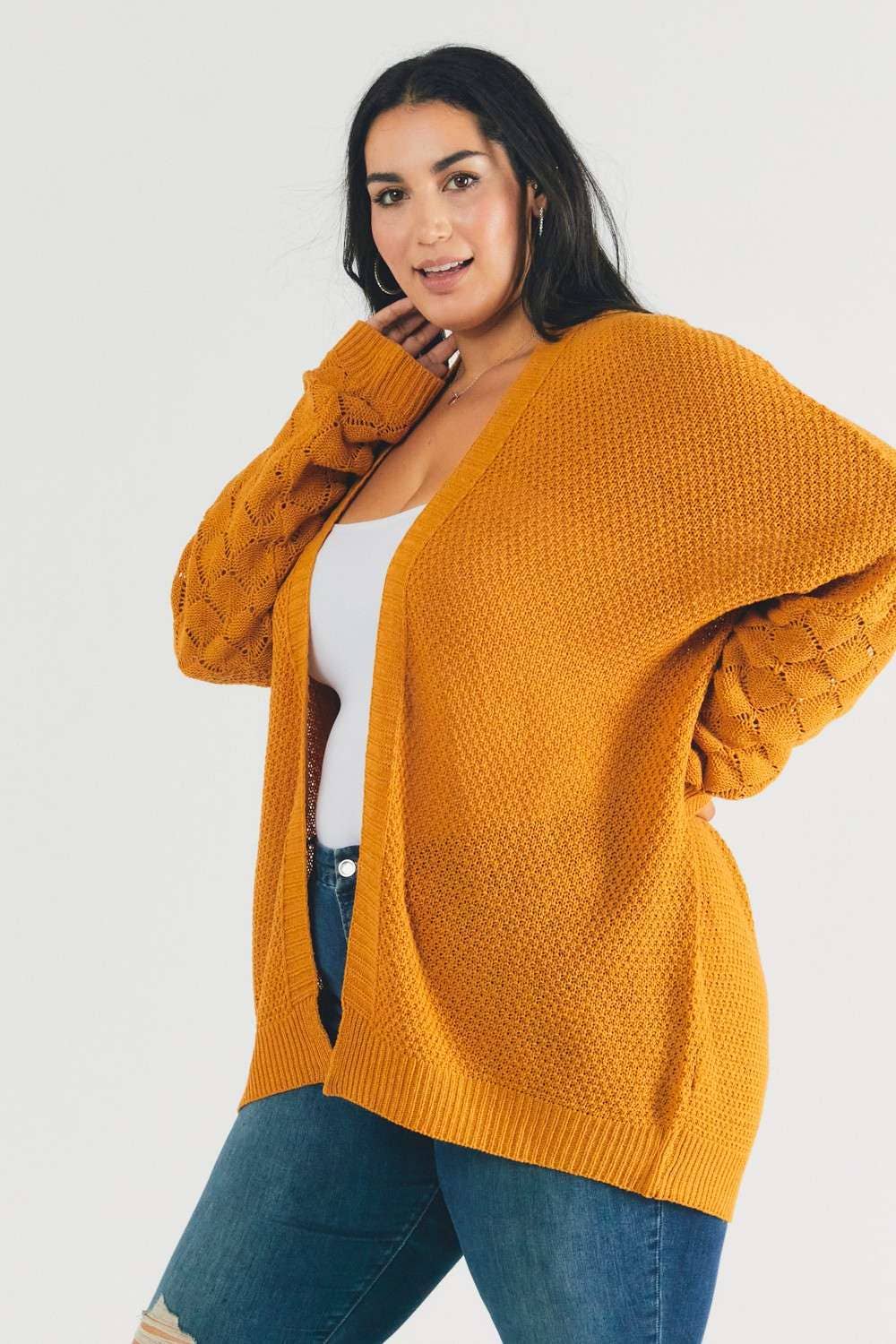 MUSTARD PLUS SOLID LONG SLEEVE LOOSE FIT CARDIGAN